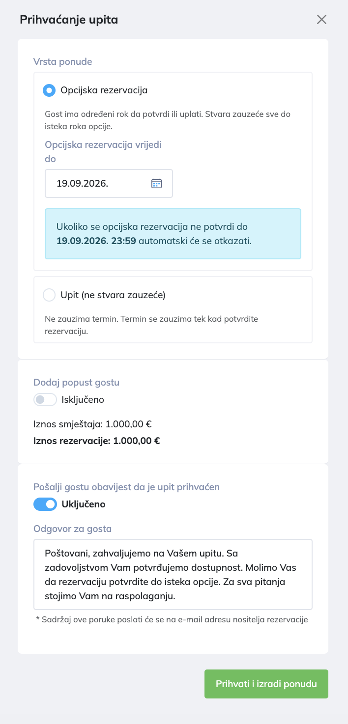 Ekran Prihvaćanje upita s odabirom vrste ponude