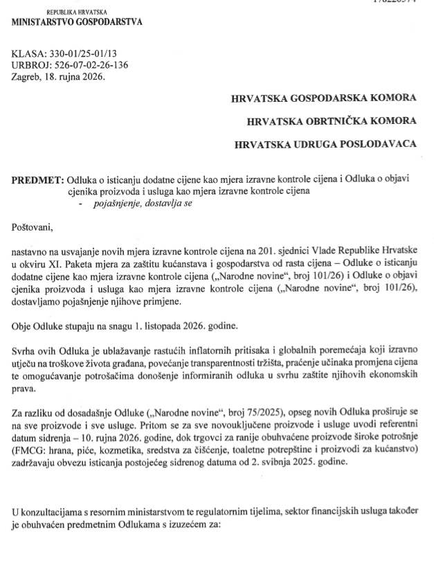 Pojašnjenje Ministarstva gospodarstva od 18.9.2026.: obveza isticanja dodatne cijene ne primjenjuje se na cijene smještaja u vlastitim rezervacijskim sustavima ni na posredničkim platformama