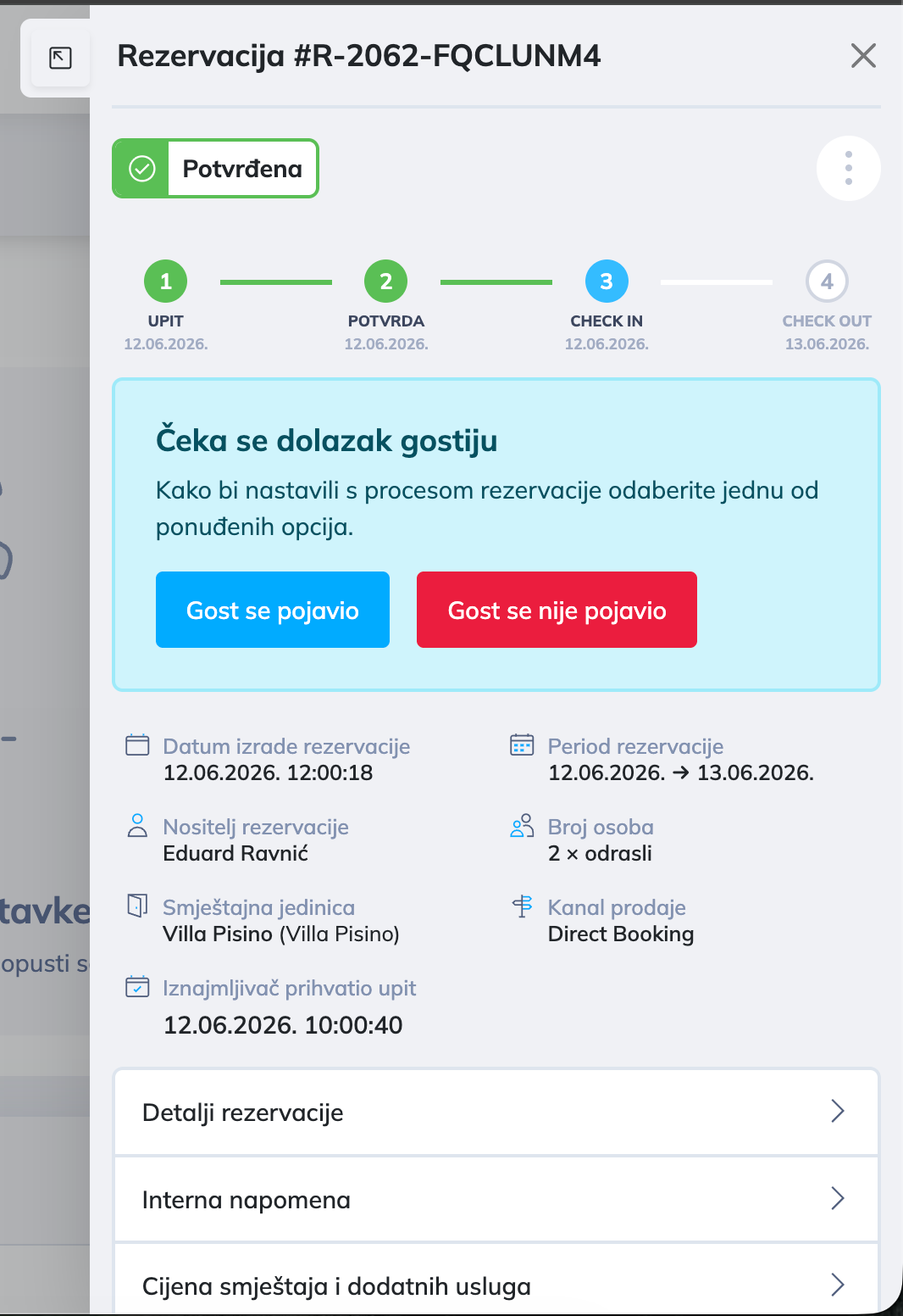 Ekran Prijava dolaska s popisom gostiju