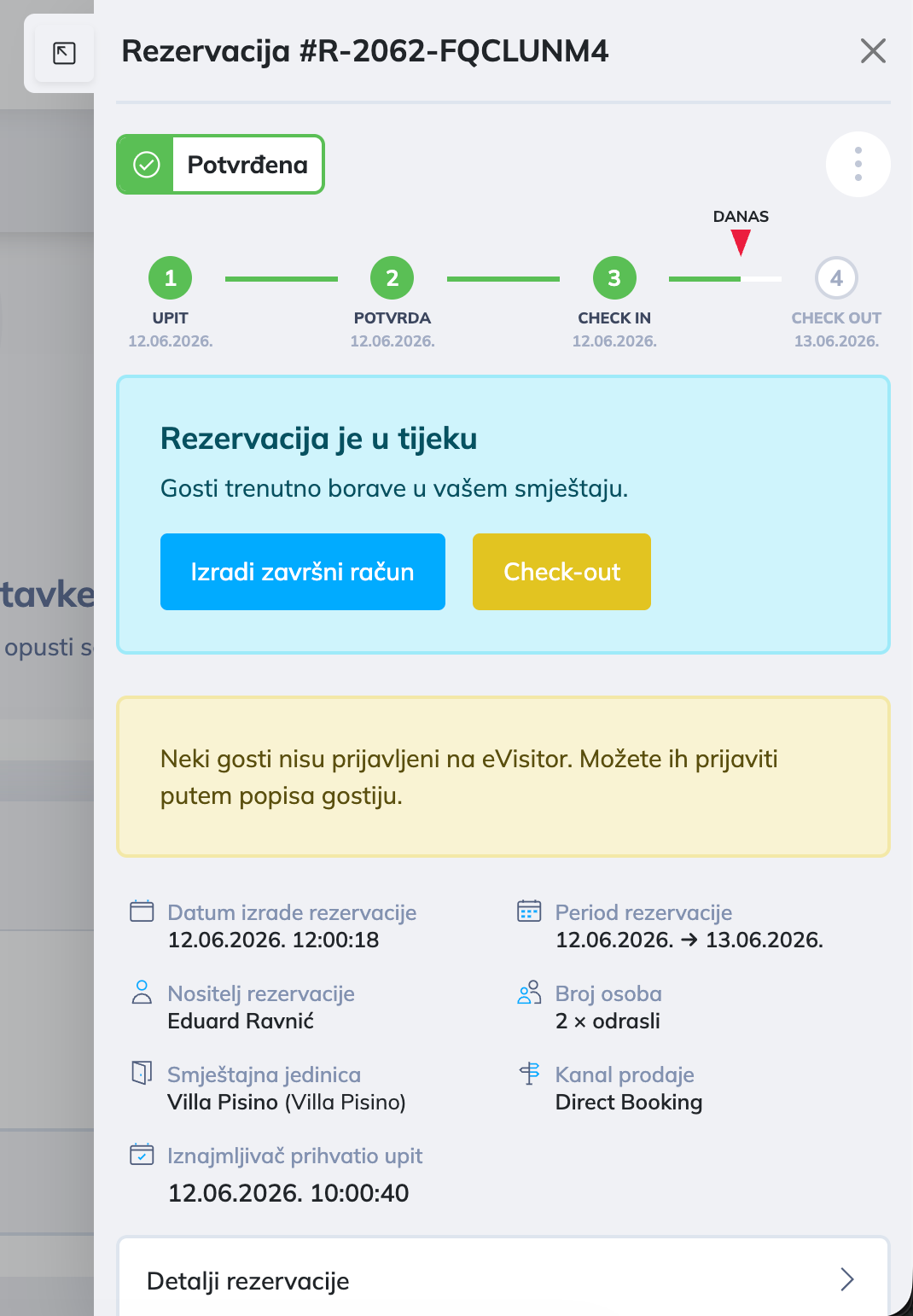 Odjeljak Rezervacija je u tijeku s gumbom Check-out