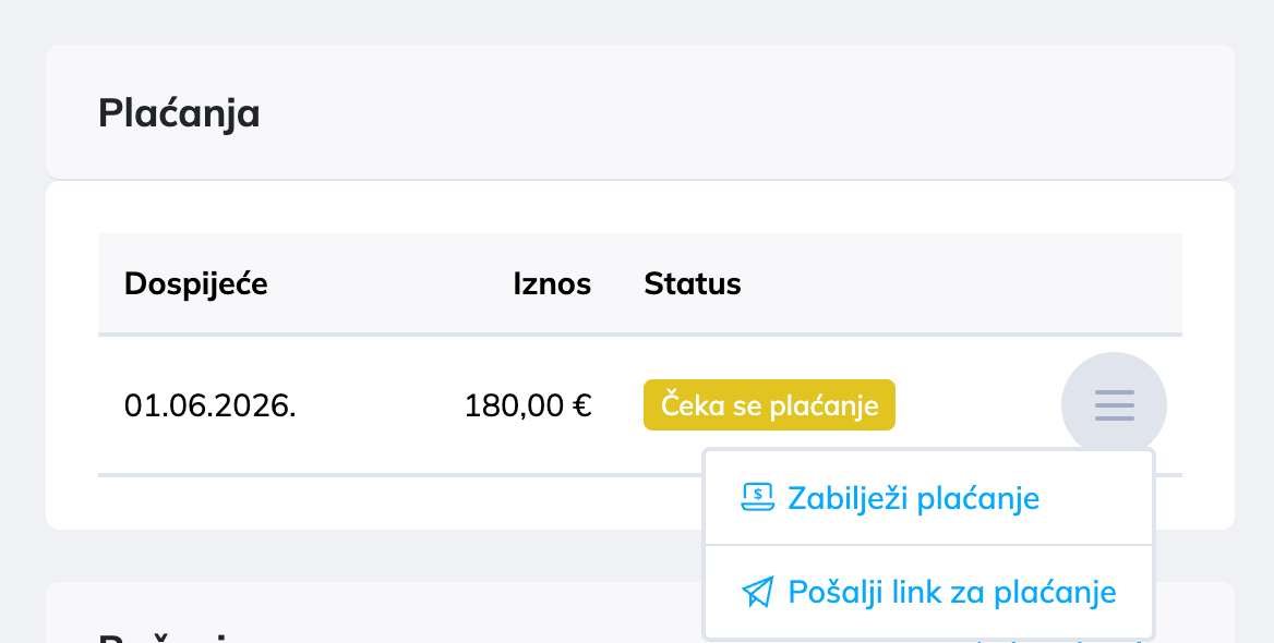 Padajući izbornik s opcijom za bilježenje plaćanja