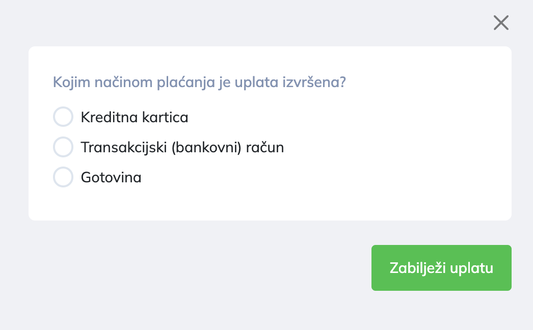 Odabir načina plaćanja pri bilježenju uplate