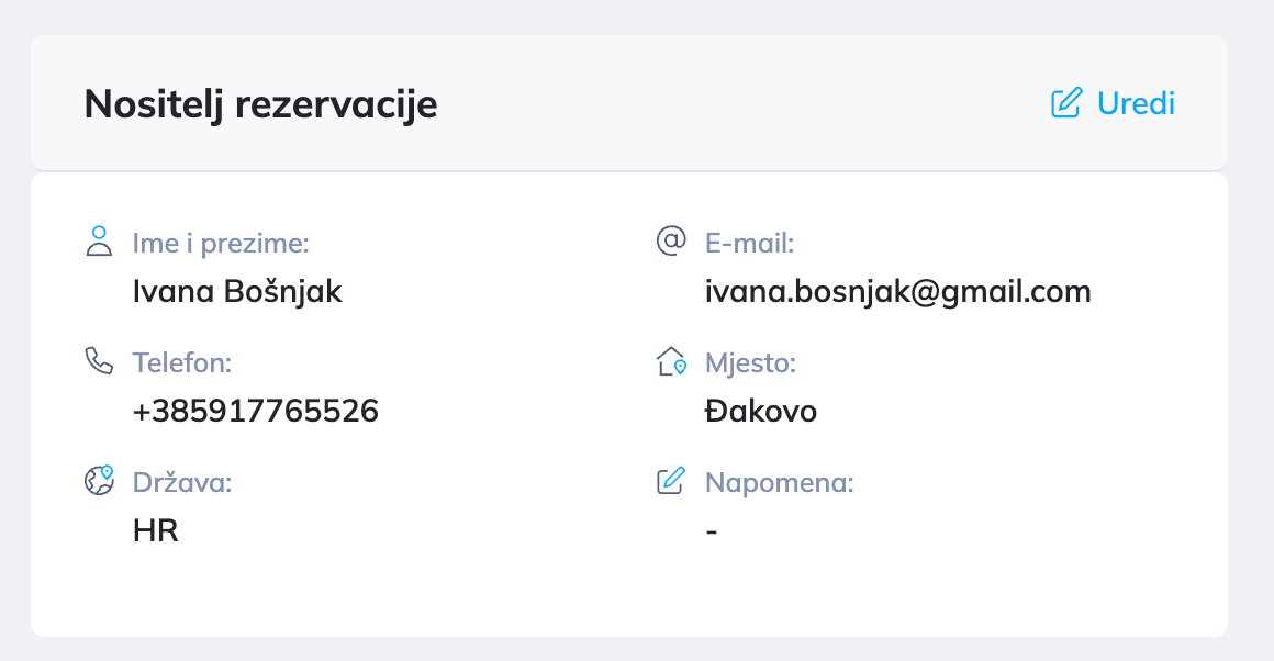Odjeljak Nositelj rezervacije na detaljima rezervacije