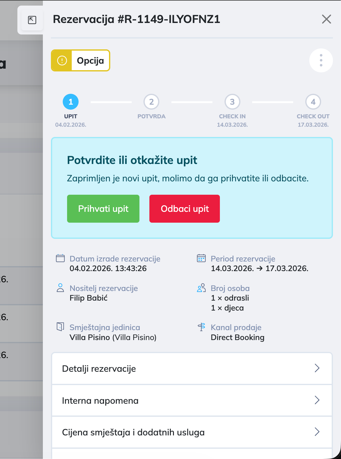 Istaknuti odjeljak s gumbom Prihvati upit
