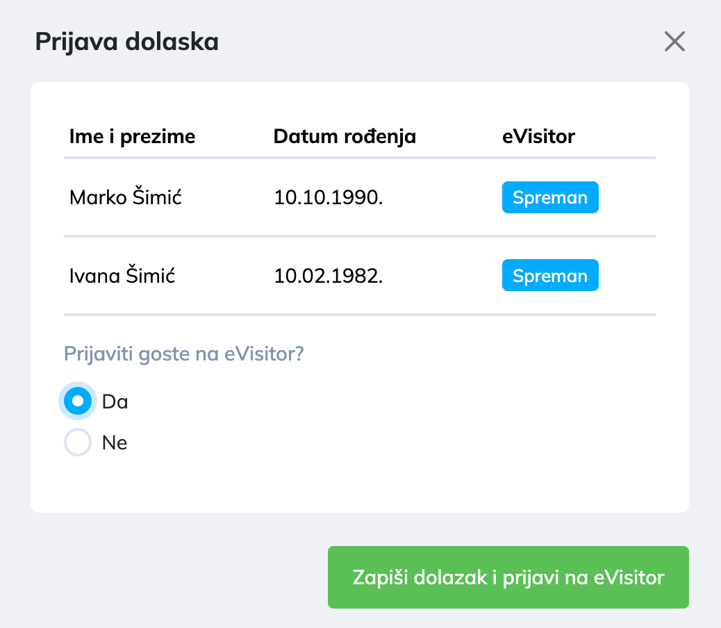 Ekran za prijavu dolaska i prijavu gostiju na eVisitor