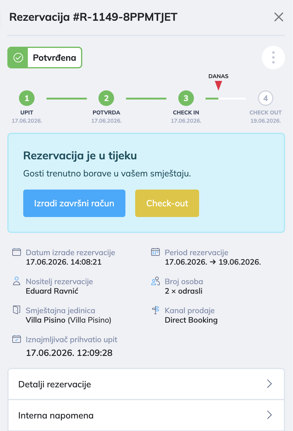 Istaknuti odjeljak Rezervacija je u tijeku s gumbom Check-out