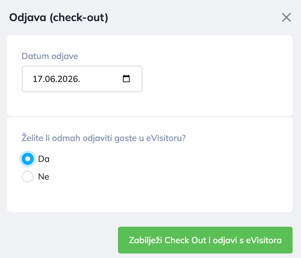 Obrazac za odjavu (check-out) s opcijom odjave gostiju na eVisitoru
