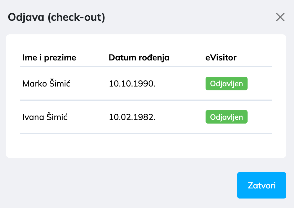 Obavijest o uspješnoj odjavi gostiju s eVisitora