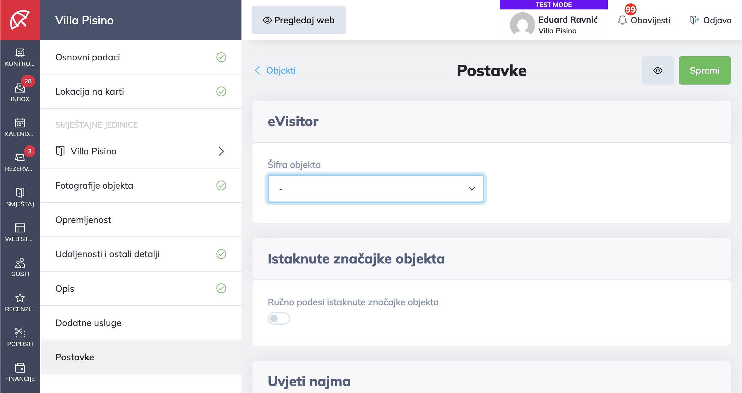 Povezivanje smještajnog objekta s eVisitor računom putem Šifre objekta