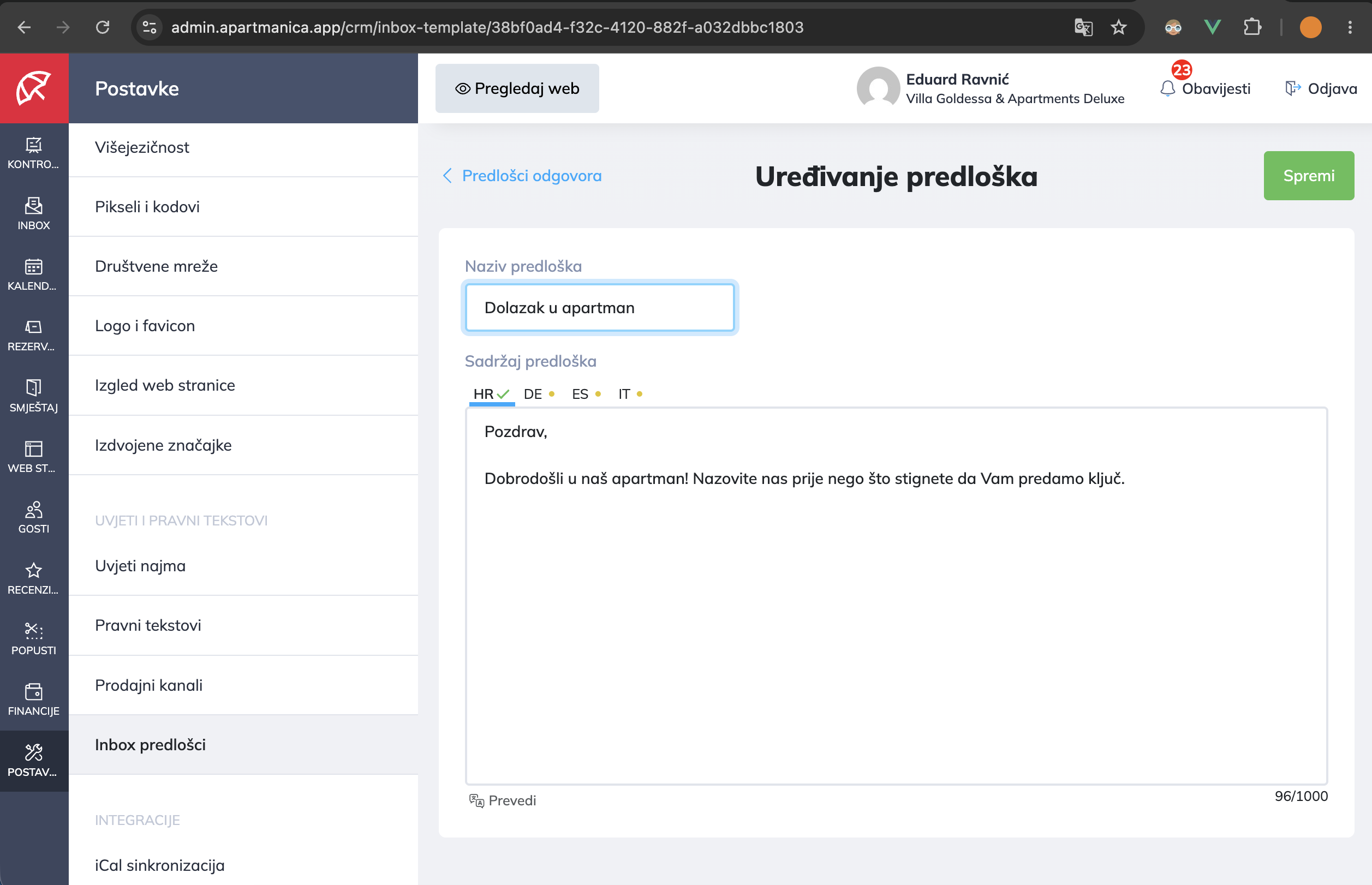 Uređivanje predloška - naziv i sadržaj