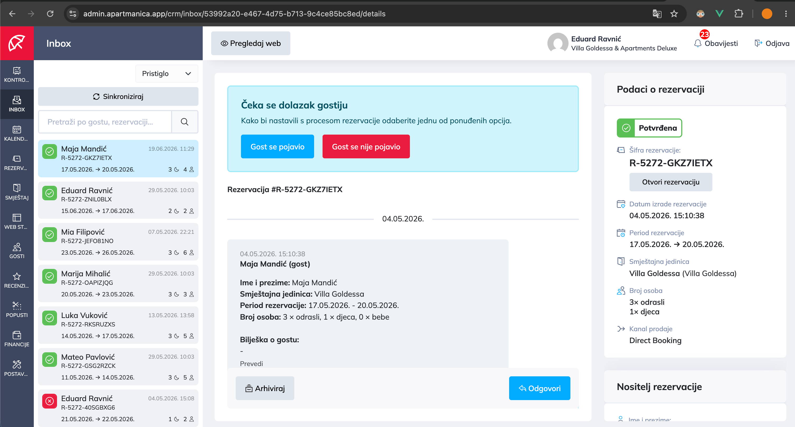Razgovor u inboxu s podacima o rezervaciji i gumbima za upravljanje
