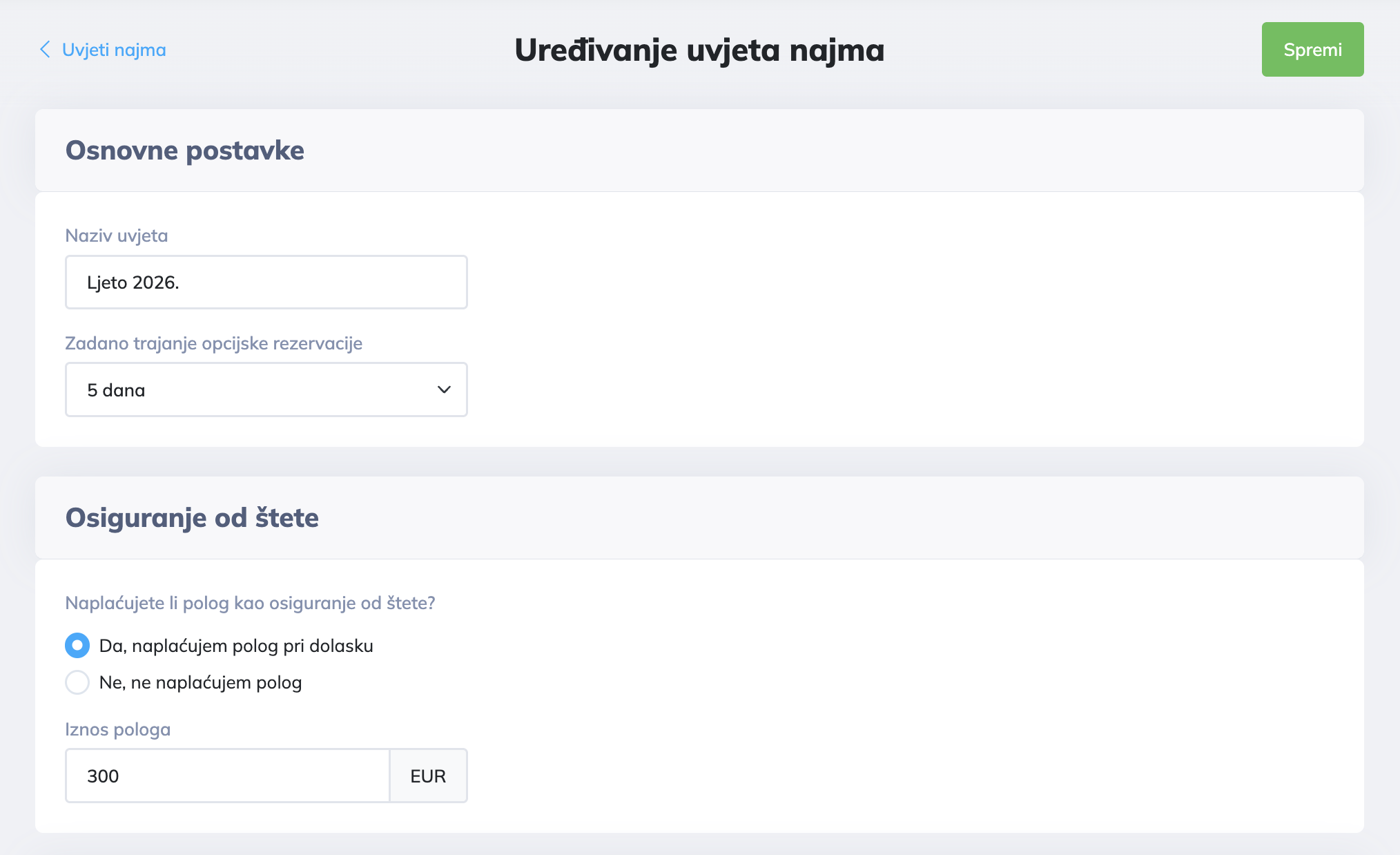 Osnovne postavke uvjeta najma - naziv i trajanje opcijske rezervacije